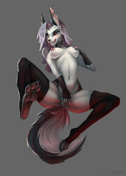 1girls anthro black_body black_fur breasts canid canid_demon clothing dacsy demon female fluffy fluffy_tail fur genitals gloves gloves_(marking) grey_body grey_fur hair handwear hellhound helluva_boss hi_res inner_ear_fluff leggings legwear licking licking_lips loona_(helluva_boss) mammal markings masturbation navel nipples notched_ear nude pawpads pink_nipples pussy red_sclera solo toes tongue tongue_out tuft vivienne_medrano white_body white_eyes white_fur