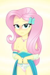 1girls animated aqua_eyes blush breasts dress dress_lift embarrassed equestria_girls female fluttershy_(eg) fluttershy_(mlp) gif hair_ornament hasbro my_little_pony necklace panties pink_hair randomtriples solo solo_female straight_hair underwear yellow_skin