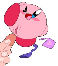 blue_eyes blush condom eye_closed feet female foot_up kirby kirby_(series) nintendo nude penis pink_body pink_skin pinkcookiecheong pussy red_feet vagina