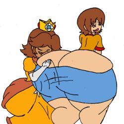 1boy 1girls allstarman ass ass_cleavage ass_in_dress blue_eyes brown_hair butt_crack closed_eyes clothing crown dress drooling female head_on_ass hips hyper_ass hyper_butt large_ass large_butt large_hips male male_focus mario_(series) nintendo open_mouth princess princess_daisy short_hair standing thick_thighs thighs transparent_background