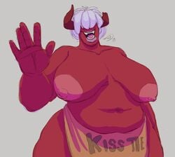 apron bbw breasts chubby dastardly_devil demon_girl feet female giantess horns large_breasts male no_humans oni sharp_teeth short_hair size_difference thick_thighs white_hair wide_hips