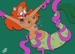 2020 anthro blush breasts brown_body brown_fur bubble female fluffychuck91 fur green_background green_body hair julie_bruin laugh mammal marine merfolk navel_poke nipples purple_eyes red_hair signature simple_background solo tentacle tickling tiny_toon_adventures ursid warner_brothers