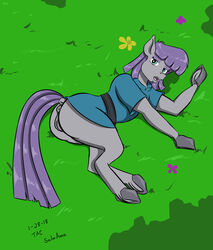 2018 anus clothed clothed_feral clothing dock earth_pony equid equine female feral friendship_is_magic fur genitals grass green_eyes grey_body grey_fur hair hi_res hooves horse looking_at_viewer lying mammal maud_pie_(mlp) my_little_pony on_side open_mouth pony purple_hair pussy sailoranna solo