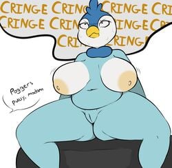 anthro areola ass avian belly big_areola big_breasts big_butt bird bodily_fluids bouncing_breasts breasts cringing dialogue fan_character female frustrated genitals hi_res meme navel nintendo nipples penguin piplup plantedpot pokémon_(species) pokemon pokemon_(species) presenting presenting_pussy pussy slightly_chubby solo solo_focus spread_legs spreading sweat text video_games