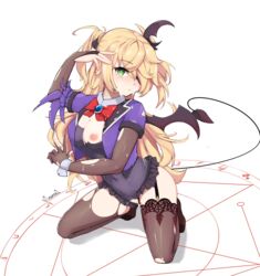 bat_wings black_legwear blazer blonde_hair bow breasts chuunibyou chuunibyou_demo_koi_ga_shitai! cleavage closed_mouth commentary_request cosplay covered_navel cum cum_on_body cum_on_breasts cum_on_clothes demon_girl english_commentary eyepatch facial female fischl_(genshin_impact) full_body genshin_impact green_eyes grey_background hand_on_hip hand_wraps highres jacket leotard long_hair magic_circle medium_breasts nipples playboy_bunny purple_bow pussy red_neckwear seiyuu_connection simple_background single_wing sitting smile solo soveno succubus summoning tail takanashi_rikka takanashi_rikka_(cosplay) thighhighs torn_clothes torn_leotard trait_connection two_side_up very_long_hair wings