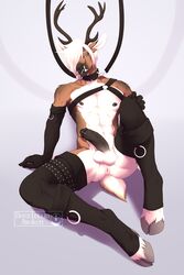 2:3 anthro antlers anus balls beezlebumawoken biped blue_eyes bondage bound capreoline cervid clothed clothing collar conditional_dnp digital_media_(artwork) erection furry_only genitals hair harness hi_res hooves horn humanoid_genitalia humanoid_penis kodadax leash legwear looking_at_viewer male male_only mammal nipple_piercing nipples open_mouth penis piercing reindeer simple_background solo solo_male thigh_highs white_hair