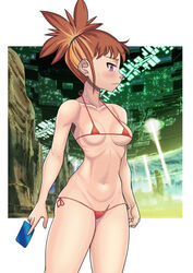 1girls blush brown_hair card digimon digimon_tamers female female_focus female_only human looking_down makino_ruki medium_breasts micro_bikini purple_eyes purple_hair rika_nonaka solo sweat sweatdrop wide_hips wide_thighs