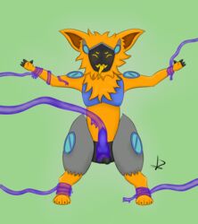 absurd_res anthro balls femboy flat fur furry_only genitals hi_res knot machine makoto_yusei_(artist) male male_only orange_body orange_fur penile penis penis_milking protogen solo takuara_(character) tentacle tentacle_fellatio tentacle_sex