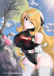 big_ass big_breasts blonde blonde_female blonde_hair boob_window corruption cynthia_(pokemon) enemy_conversion game_freak gloves gray_eyes grey_eyes holding_lotion inou_(artist) latex latex_gloves leotard long_blonde_hair long_hair looking_at_viewer lotion lotion_bottle nintendo onix outdoors patreon_username pokemon pokemon_champion pokemon_dppt smile solo_focus staravia team_rocket team_rocket_uniform text thick_thighs thigh_highs tight_clothing wingull