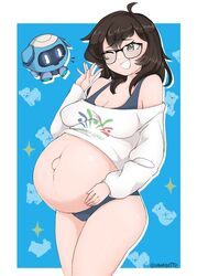 1girls alice_guo alice_leal_guo asian blizzard_entertainment breasts brown_eyes brown_hair chinese cleavage female glasses guo_huaping huge_belly inviting_to_sex mei-ling_zhou mei_(overwatch) oral oral_insinuation oral_invitation overwatch pregnant pregnant_nerd ready_to_pop snowball_(overwatch) solo_focus tied_hair vanabette