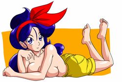 blue_eyes blue_hair dragon_ball feet_up female good_launch launch looking_at_viewer lying_on_stomach mkitt solo topless