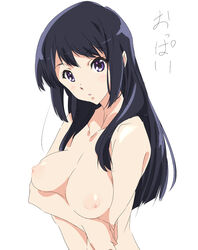 1girls :o areolae bare_shoulders breast_hold breasts breasts_apart clavicle collarbone eyebrows_visible_through_hair female female_only hibike!_euphonium japanese_text kousaka_reina large_breasts long_hair looking_at_viewer nipples no_bra oppai oulders pale_skin puffy_nipples purple_eyes sidelocks simple_background solo text translated umanosuke upper_body white_background