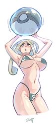 1girls alternate_breast_size beach_ball big_breasts bikini game_freak gerph huge_breasts looking_down nintendo pokemon pokemon_xy surprised thick viola_(pokemon)