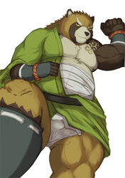 2020 absurd_res anthro asian_clothing balls balls_outline barely_visible_balls barely_visible_genitalia belly brown_body brown_fur bulge canid canine clothing east_asian_clothing fundoshi fur genital_outline genitals gyobu hi_res japanese_clothing kemono male male_only mammal nipples raccoon_dog sige315 simple_background slightly_chubby solo tanuki tokyo_afterschool_summoners underwear video_games white_background