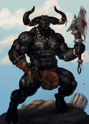 2020 abs anthro axe balls_outline black_body blood bodily_fluids bovid bovine bulge clothed clothing cloven_hooves european_mythology full-length_portrait genital_outline greek_mythology hooves horn horn_ring jewelry jockstrap looking_at_viewer lorkalt male male_only mammal melee_weapon minotaur muscular muscular_anthro muscular_arms muscular_legs muscular_male mythology necklace nipple_barbell outside pecs penis_outline portrait solo standing underwear underwear_only weapon