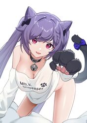 1girls all_fours bottomless breasts cat_ears cat_girl cat_tail cleavage ett female female_only genshin_impact keqing_(genshin_impact) large_breasts looking_at_viewer milk paw_print pubic_hair purple_hair smile twintails