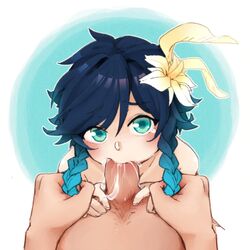 2boys absurdres aqua_eyes blue_eyes blue_hair blush braid braided_twintails cum cum_in_mouth cute dark_blue_hair deep_blowjob erection eye_contact fellatio femboy flower genshin_impact green_eyes hair_flower hair_pull handlebars hat highres looking_at_viewer male male_only multiple_boys oralpov pulling_twintails skinny tight_throat twin_braids twintails two_tone_hair venti_(genshin_impact) yaoi