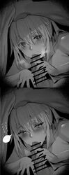 ... 1boy absurdres artoria_pendragon artoria_pendragon_(caster) bar_censor blush censored fate/grand_order fate_(series) fellatio female greyscale hair_between_eyes highres hxd looking_at_viewer monochrome nude oral penis pov spoken_ellipsis straight sweat under_covers