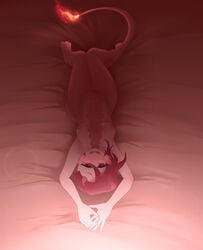 amphibian anthro bed bedroom_eyes cultro female fire furniture hair hi_res mythological_salamander mythology narrowed_eyes nude red_hair salamander_(amphibian) sambal seductive smile solo