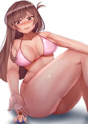 1boy 1girls big_breasts bikini blush blushing breasts brown_eyes brown_hair deviantart female giantess kanojo_okarishimasu large_breasts larger_female legs long_hair male mizuhara_chizuru nervous nervous_smile red_clothing shrink shrinking shrunk size_difference smaller_male sweat sweating swimming_trunks taiko3000cc thick_thighs thighs white_background white_bikini