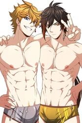 2boys abs black_hair black_hair_bottom childe_(genshin_impact) domination gay genshin_impact happy_trail kuroshinki light_hair_on_dark_hair male_only muscular pubic_hair red_hair red_hair_on_black_hair red_hair_top swimsuit tartaglia_(genshin_impact) yaoi zhongli_(genshin_impact)