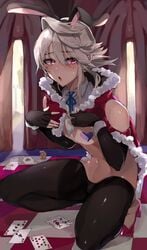 1boy animal_ears asymmetrical_hair black_legwear blush bulge bunny_boy bunny_ears bunnysuit cape card commentary_request corrin_(fire_emblem) corrin_(fire_emblem)_(male) covered_nipples crossdressing elbow_gloves embarrassed eyelashes fake_animal_ears femboy fingerless_gloves fire_emblem fire_emblem_fates full_body fur_trim gloves hair_between_eyes high_heels highres ki9 looking_at_viewer male_focus navel nintendo open_mouth otoko_no_ko playing_card playing_games pointy_ears red_eyes red_footwear reverse_bunnysuit shadow shiny shiny_hair shiny_skin silver_hair single_sidelock sleeve_cuffs solo squatting thighs toned toned_male w_(1999_kyu) wrist_cuffs