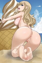 1girls anus ass ass_focus barefoot beach blonde_hair blue_eyes breasts edens_zero feet female full_body gaston18 ice_cream looking_at_viewer naked nipples nude nude_edit pussy rebecca_bluegarden solo solo_female toes tongue tongue_out