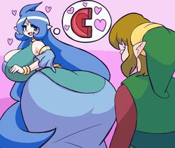 blue_hair blush brown_hair dress gensin green_clothes heart huge_ass huge_breasts jewelry kinstone link long_hair looking_back minish_cap nayru nintendo oracle_of_ages pointy_ears smile speech_bubble straight tagme the_legend_of_zelda the_minish_cap wide_hips