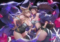 ahri akali alternate_costume big_breasts blonde_hair clothed k/da_ahri k/da_akali k/da_series league_of_legends love_cacao strapless strapless_leotard strapless_top strapless_topwear tubetop