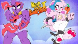 1boy 1girls anthro bandages bandaids_on_nipples bear_(character) bear_and_bunny_boo big_breasts bunny_boo female fighter fighting_pose fighting_stance headband knife lagomorph ryu_(street_fighter)_(cosplay) spiked_bracelets street_fighter ursid vimhomeless wink