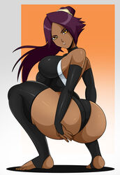 1girls arm_sleeves ass backless backless_outfit bangs barefoot big_ass big_breasts bleach breasts bridal_gauntlets clothing dark-skinned_female dark_skin detached_sleeves feet female female_only huge_ass leotard looking_at_viewer looking_back ponytail purple_hair shihouin_yoruichi solo sonson-sensei squatting stirrup_legwear stockings thighhighs tied_hair toeless_legwear toeless_stockings toes yellow_eyes
