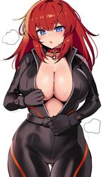 big_breasts blue_eyes blush bodysuit cleavage collar eugene_(guardian_tales) guardian_tales huge_breasts leather_suit looking_at_viewer movie_star_eugene_(guardian_tales) ndgd red_hair sweat video_games