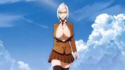 1girls 2d 2d_animation animated areola_slip bouncing_breasts breasts cleavage favorite flou glasses huge_breasts no_bra no_sound open_shirt outdoor outdoors pleated_skirt prison_school school_uniform schoolgirl shiraki_meiko short_hair shorter_than_10_seconds shorter_than_30_seconds skirt solo strutting unbuttoned unbuttoned_jacket unbuttoned_shirt video walking white_hair