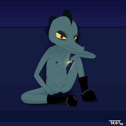 1:1 animal_humanoid anthro bea_santello blue_background boots breasts clothing crocodile crocodilian crocodylid female flat_chested footwear genitals humanoid moody night_in_the_woods nude pussy reptile scalie scalie_humanoid simple_background sitting slim slit smoking solo teot tired video_games