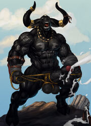 2020 abs anthro axe balls big_penis black_body blood bodily_fluids bovid bovine cloven_hooves cum cum_on_ground cum_on_penis cumshot ejaculation erection european_mythology excessive_cum full-length_portrait gaping_mouth genital_fluids genitals greek_mythology hooves horn horn_ring humanoid_genitalia humanoid_penis jewelry lorkalt male male_only mammal melee_weapon minotaur muscular muscular_anthro muscular_arms muscular_legs muscular_male mythology necklace nipple_barbell nude open_mouth outside pecs penis portrait rope solo standing vein veiny_balls veiny_penis weapon