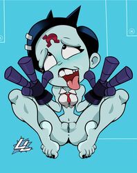 1girls ahe_gao blue_hair blue_skin buckteeth crash_(series) crash_(series) cyborg exposed_pussy eyes_rolling_back feet female goth lazzylad legs_up nina_cortex peace_sign tongue_out