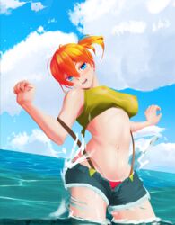 1girls blue_eyes breasts female female_only hero_kink kasumi_(pokemon) nipples orange_hair pokemon pokemon_rgby red_hair sea shorts solo suspenders