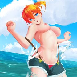 1girls blue_eyes breasts hero_kink kasumi_(pokemon) nipples orange_hair pokemon pokemon_rgby red_hair sea shorts suspenders