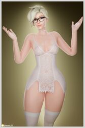 1girls 3d blonde_hair choker female female_only glasses lace lingerie medium_breasts mercy milf nemesis_3d nipples nipples_visible_through_clothing overwatch pinup short_hair shrug stockings thick_thighs thighs white_lingerie white_stockings