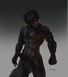 abs anthro balls belt black_body black_fur black_hair black_penis canid canine canis erection fangs fist fur furry_only genitals hair hi_res humanoid_genitalia humanoid_penis jewelry looking_at_viewer male male_only mammal messy_hair muscular muscular_anthro muscular_male necklace nude penis sharp_teeth solo standing tattoo teeth teragabba wolf yellow_eyes