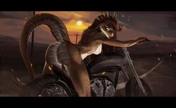 anthro ass black_bars breasts brown_hair dragon dust female furry hair horn letterbox motorcycle non-mammal_breasts nude outside purple_eyes raised_tail scales scalie side_boob solo sparks sunset teragabba vehicle