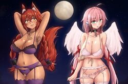 2girls angel animal_ears bra braid braided_hair breasts cleavage crotchless_panties dark-skinned_female dark_skin duo female female_only green_eyes humanoid ikaros kemonomimi large_breasts lingerie lupusregina_beta mistynight moon multiple_girls night overlord_(maruyama) pale-skinned_female pale_skin panties pearl_thong pink_hair red_hair sora_no_otoshimono thighhighs wings wolf_ears wolf_girl wolf_tail yellow_eyes