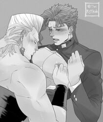 arm_warmers blush blush_stickers breasts breasts_out closed_eyes earrings exposed_chest exposed_nipples hand_on_chest hand_on_head hands_behind_head heart_earrings jean_pierre_polnareff jojo's_bizarre_adventure looking_at_partner looking_down looking_pleasured monochrome moobs nipple_pinch noriaki_kakyoin open_mouth school_uniform stardust_crusaders sucking_male_nipple sucking_nipples therytkak yaoi