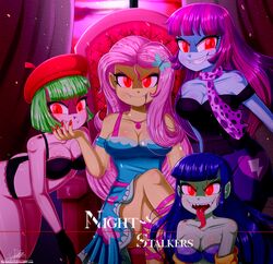 4girls barette beret bite_mark blood blood_on_mouth blue_hair blue_skin blueberry_cake_(eg) bra breasts cleavage creepy equestria_girls evil_grin fangs female flutterbat_(mlp) fluttershy_(eg) fluttershy_(mlp) friendship_is_magic glowing_eyes green_hair green_skin grin hair_on_head hairclip hasbro hat lingerie long_hair long_tongue looking_at_viewer messy_hair multiple_girls my_little_pony mystery_mint_(eg) panties pink_hair pink_skin purple_hair red_eyes sharp_teeth short_hair slit_pupils the-butch-x title title_page underwear vampire watermelody_(eg) yellow_skin