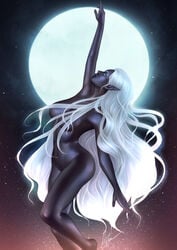 1girls aeryn_apor armpits ass big_breasts black_lips black_lipstick blue_eyes breasts casual curvy dancer dancing dark-skinned_female dark_elf dark_lips dark_lipstick dark_skin drow dungeons_and_dragons eilistraee elegant elf elf_female female female_only forgotten_realms glowing_eyes goddess godiva_hair hair_over_breasts highres humanoid large_breasts lips long_ears long_hair moon moonlight navel night nude pointy_ears round_ass shiny_skin silver_hair thick_thighs thighs very_long_hair white_hair