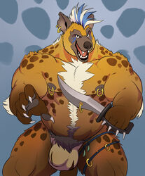 alpha0 anthro biped black_nose bodypaint brown_body brown_fur bulge claws face_paint fur furry_only gnoll hair hyaenid male male_only mammal melee_weapon mohawk_(disambiguation) multicolored_hair nipple_piercing nipples piercing pubes solo spots spotted_body spotted_fur sword weapon