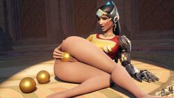 3d anal_insertion anal_masturbation balls bionic_arm blizzard_entertainment brown_skin clenched_teeth crown dark-skinned_female dark_hair denisem earrings female headgear indian necklace overwatch partially_clothed partially_nude pussy solo_female symmetra tagme yellow_nail_polish yellow_nails