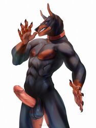 abs anthro balls black_body black_fur canid canine canis claws dobermann domestic_dog erection fur furry_only genitals grin hi_res humanoid_genitalia humanoid_penis klaus looking_at_viewer male male_only mammal muscular muscular_anthro muscular_male nude penis pinscher sharp_teeth smile solo standing teeth teragabba