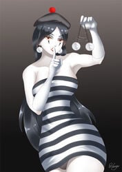 black_hair breasts earrings empty_eyes femdom finger_to_mouth haryudanto hat hypnosis hypnotizing_viewer jewelry large_breasts lipstick long_hair looking_at_viewer makeup mime mimestress_(sumdudehere) mind_control original panties pantyshot pendulum pov pov_sub striped_clothing striped_dress stripey underwear upskirt