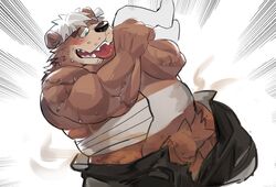 absurd_res anthro blush carrying_partner duo face_in_crotch goro_(live_a_hero) hi_res live-a-hero male male/male mammal musclegut musk tongue upside-down ursid yazoe